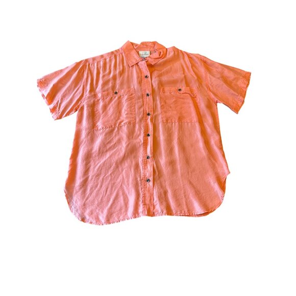 Vintage 80s Tarazzia 100% Silk Orange Button-Up Shirt L Short Sleeve Lightweight - Picture 1 of 4